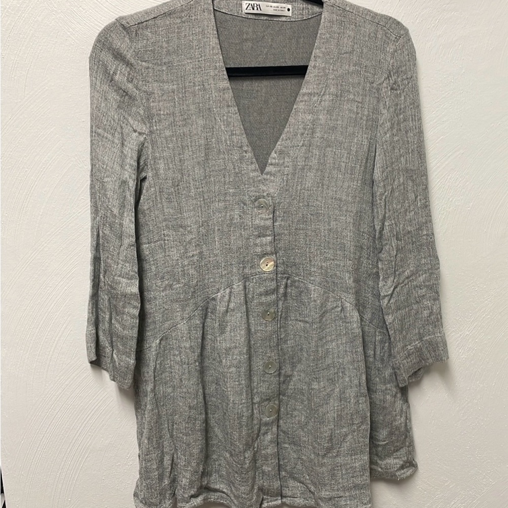 Zara Light Gray Button-Front Linen Blend Top